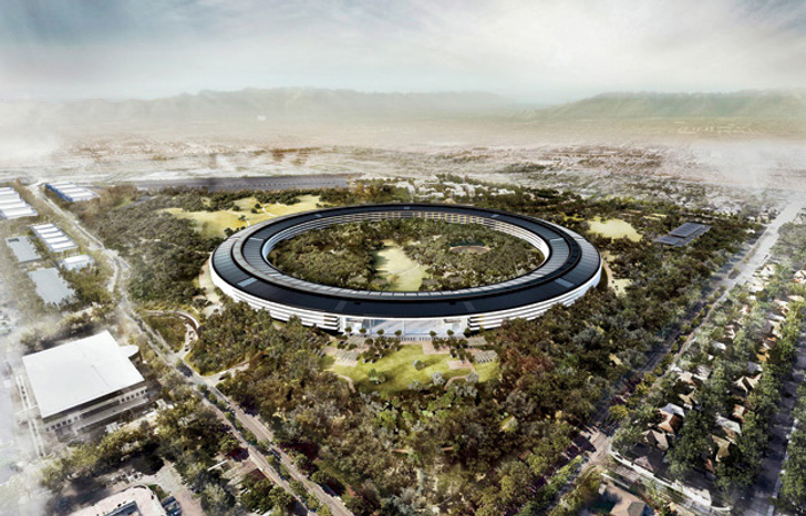 Arquitectura corporativa, render imagen virtual en 3D de la nueva sede de Apple, la Spaceship.