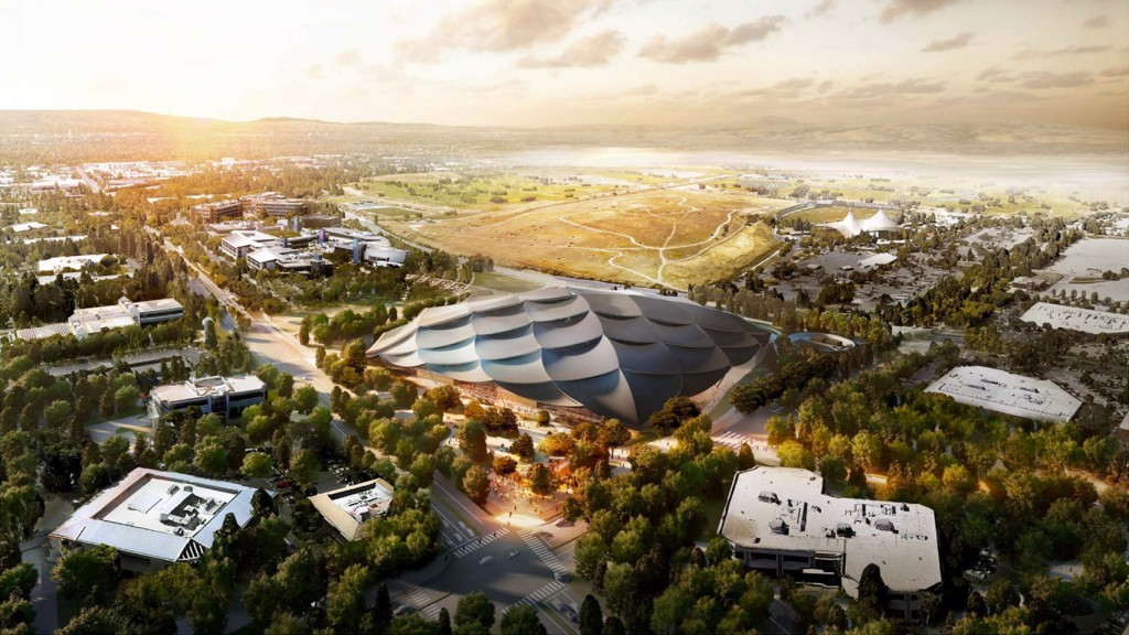 Arquitectura corporativa, sedes corporativas, imagen virtual de la nueva sede corporativa de Google, "Mountain View Office Campus", mimetizada al máximo con su entorno.