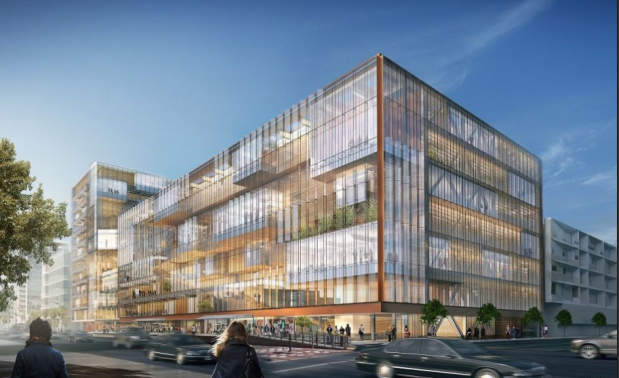 Proyecto de arquitectura corporativa, imagen virtual en 3D del edificio sede central de Uber.