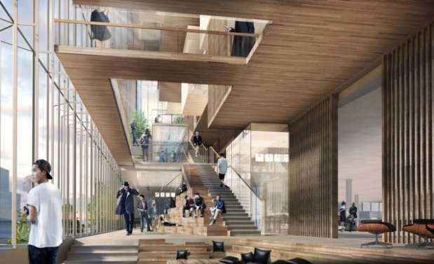 Proyecto de arquitectura corporativa, imagen virtual en 3D del interior del edificio sede central de Uber.