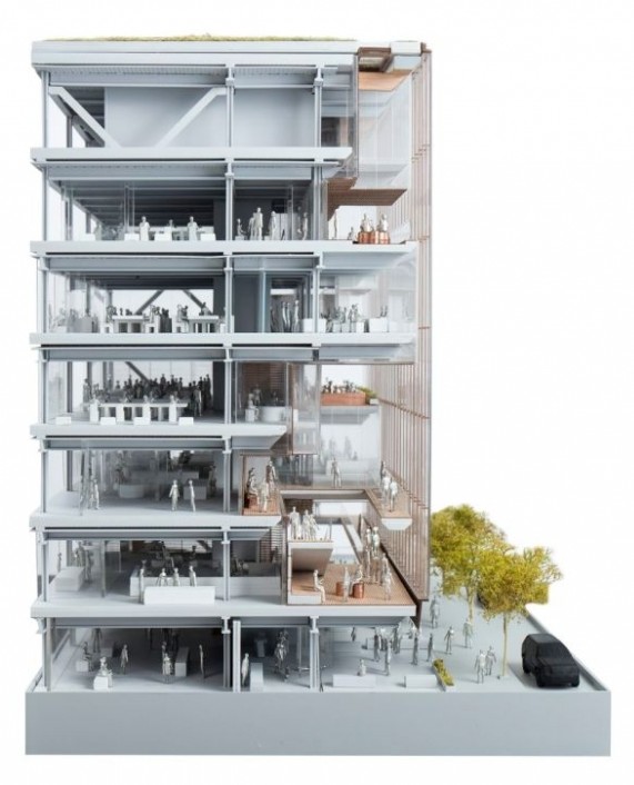 Proyecto de arquitectura corporativa, maqueta de sección del edificio sede central de Uber.