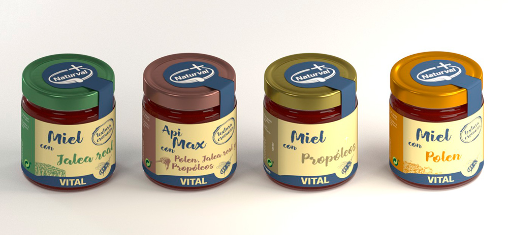 Diseño de packaging, etiquetas Naturval, diseño de la nueva línea gráfica de los tarros de miel de la marca Naturval, línea de envases.