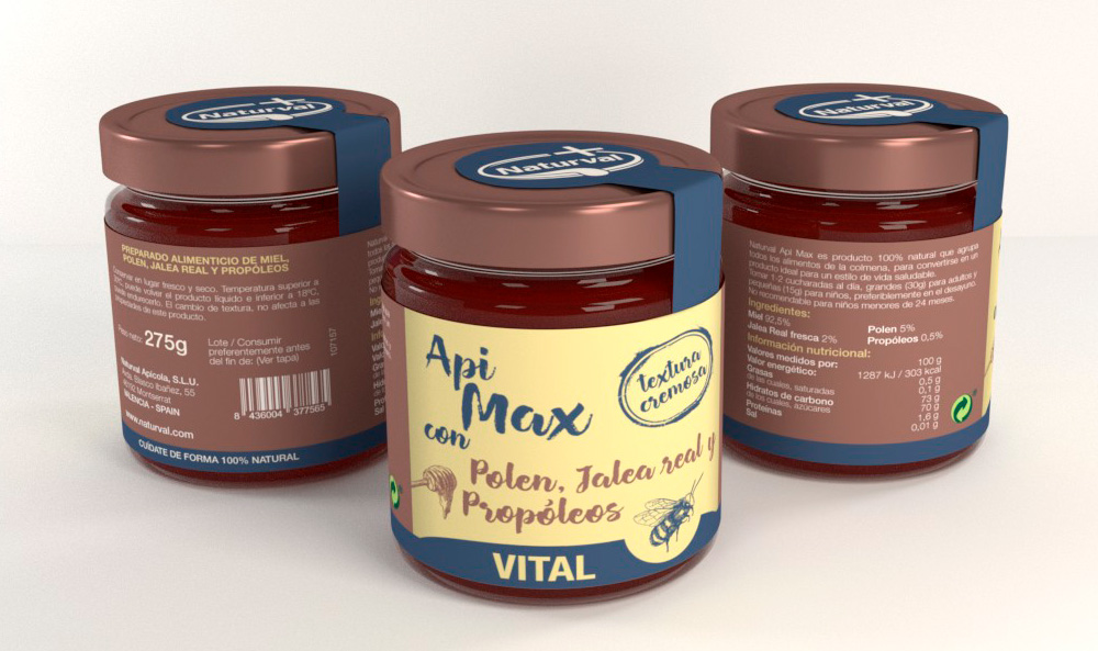 Diseño de packaging Naturval, diseño de la nueva línea gráfica de los tarros de miel de la marca Naturval, diseño etiqueta tarro de miel api max