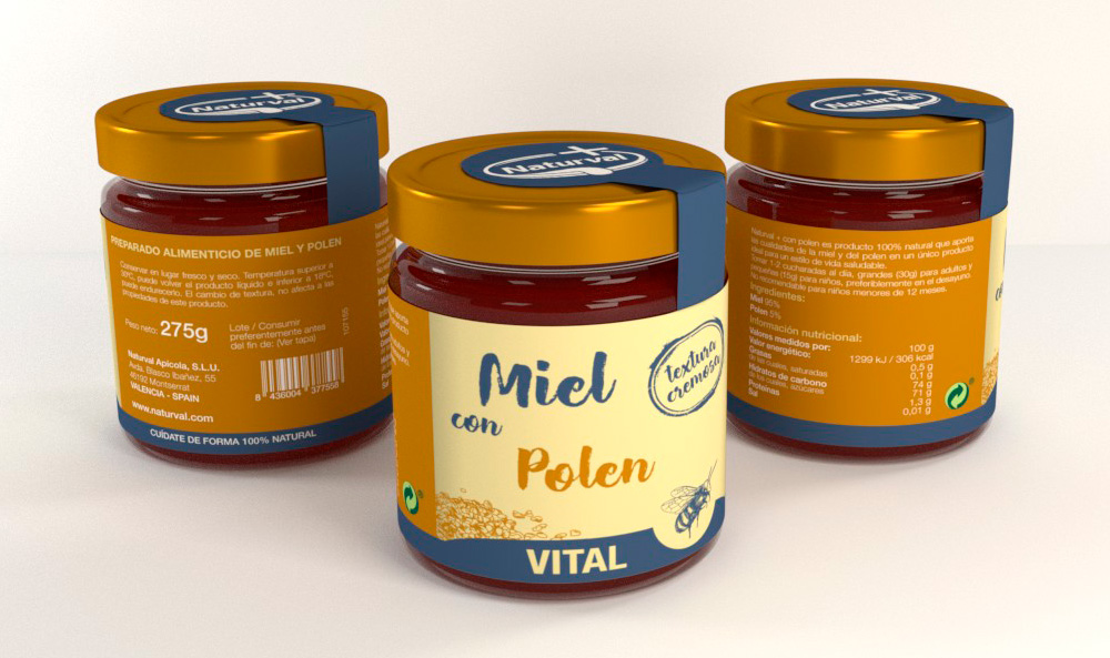 Diseño de packaging Naturval, diseño de la nueva línea gráfica de los tarros de miel de la marca Naturval, diseño etiqueta tarro de miel con polen