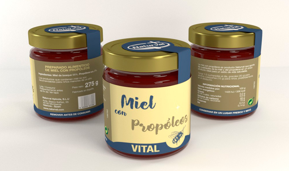 Diseño de packaging Naturval, diseño de la nueva línea gráfica de los tarros de miel de la marca Naturval, diseño etiqueta tarro de miel con propóleos
