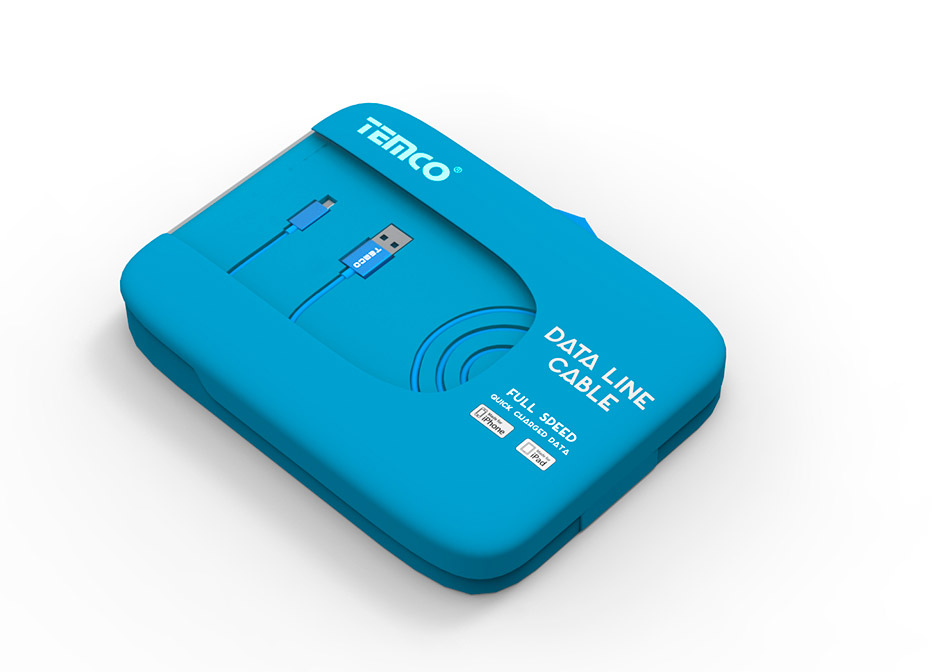 Diseño de packaging marca Temco, accesorios para móviles e informática, data line cable pack azul, vista exterior