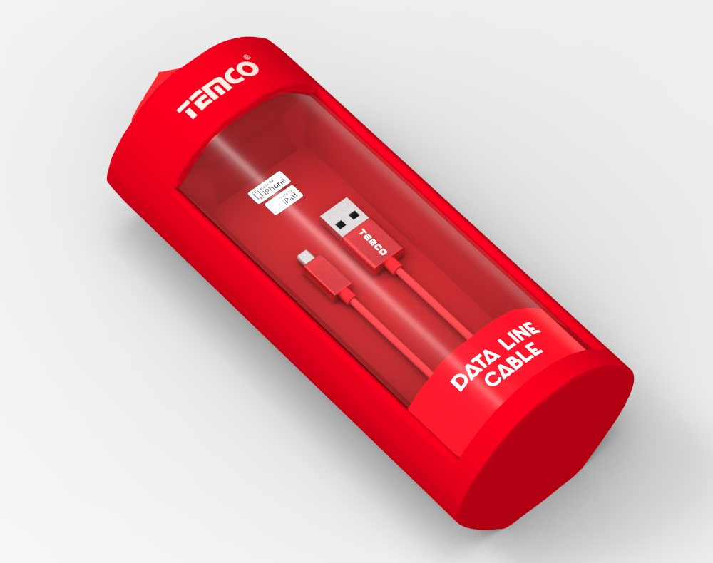 Diseño de packaging marca Temco, accesorios para móviles e informática, data line cable pack rojo alargado, vista exterior