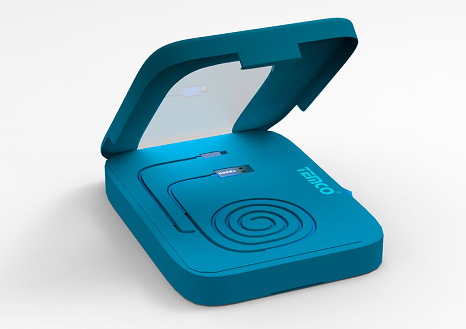 Diseño de packaging marca Temco, accesorios para móviles e informática, data line cable pack azul, vista interior