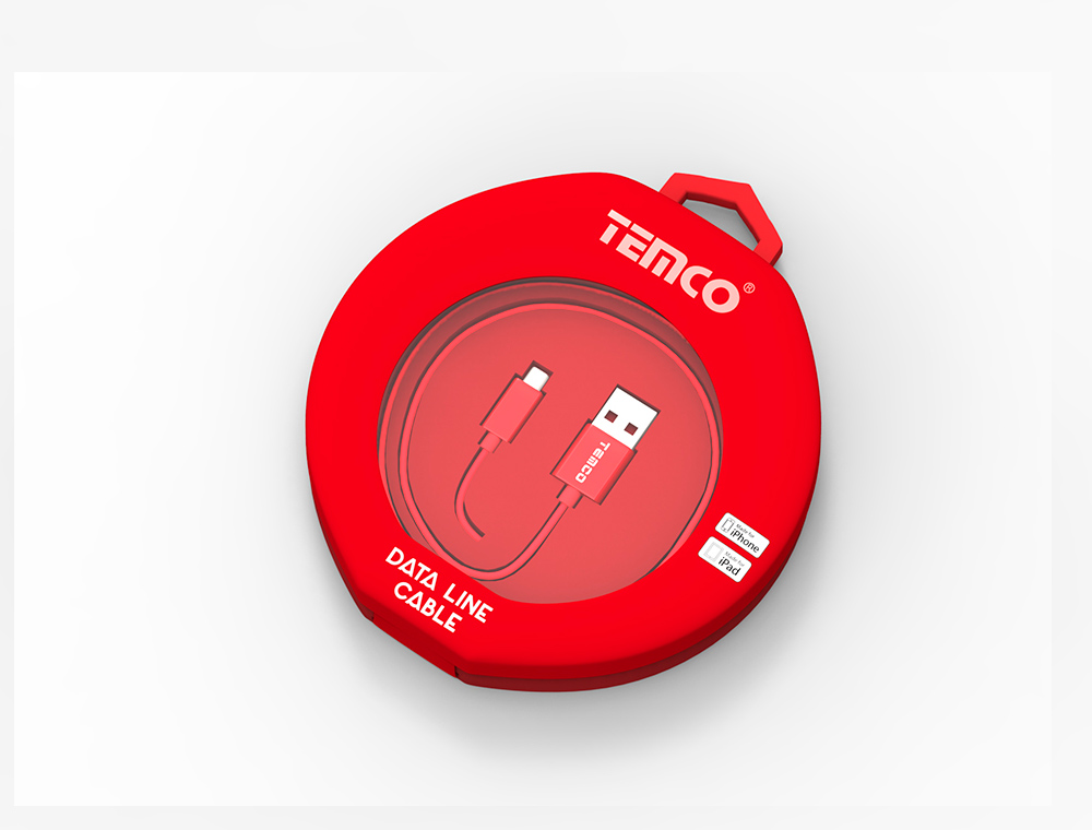 Diseño de packaging marca Temco, accesorios para móviles e informática, data line cable pack rojo circular, vista exterior