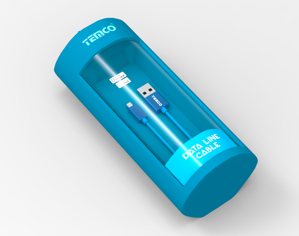 Diseño de packaging marca Temco, accesorios para móviles e informática, data line cable pack azul alargado, vista exterior