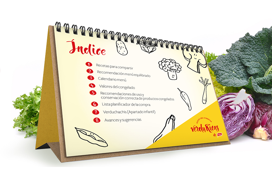 Proyecto de diseño gráfico, propuesta de campaña de marketing Verduricas de Findus, diseño de la imagen corporativa del proyecto, diseño y funcionalidad de cuaderno de recetas, 1