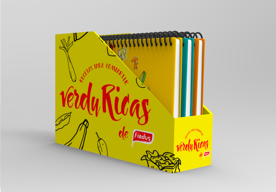 Proyecto de diseño gráfico, propuesta de campaña de marketing Verduricas de Findus, diseño de caja estuche para cuaderno de recetas