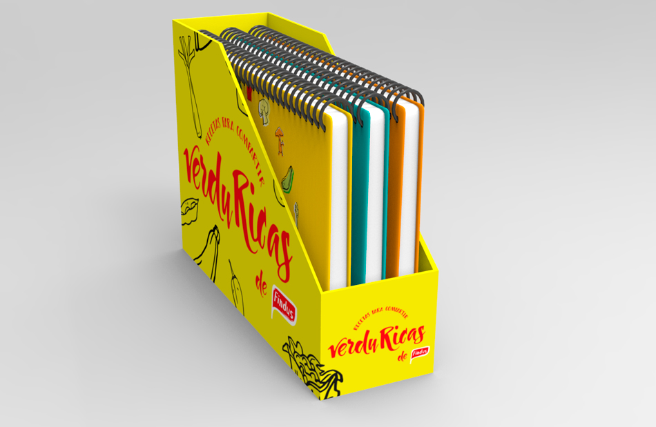 Proyecto de diseño gráfico, propuesta de campaña de marketing Verduricas de Findus, diseño de caja estuche para cuaderno de recetas, vista 2