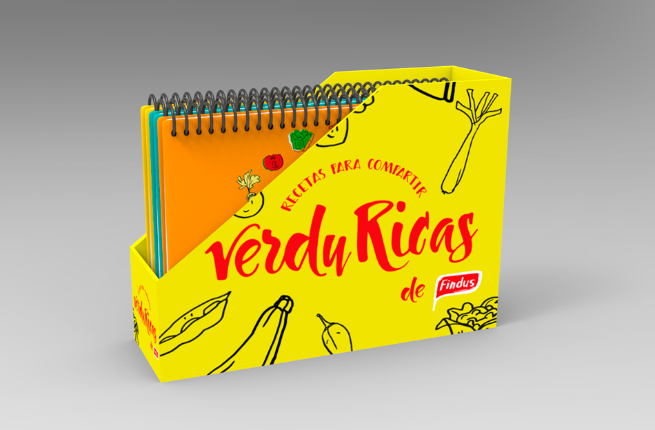 Proyecto de diseño gráfico, propuesta de campaña de marketing Verduricas de Findus, diseño de caja estuche para cuaderno de recetas, vista 3