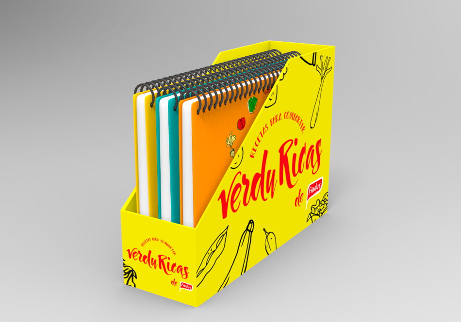 Proyecto de diseño gráfico, propuesta de campaña de marketing Verduricas de Findus, diseño de caja estuche para cuaderno de recetas, vista 4