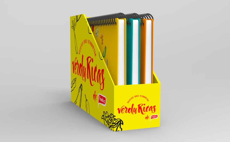 Proyecto de diseño gráfico, propuesta de campaña de marketing Verduricas de Findus, diseño de caja estuche para cuaderno de recetas, vista 5