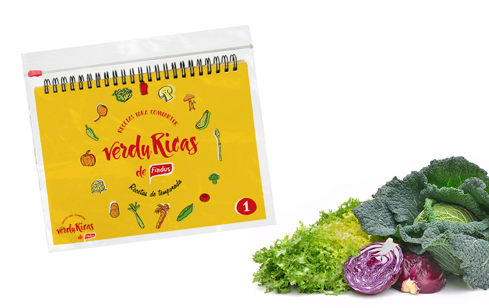 Proyecto de diseño gráfico, propuesta de campaña de marketing Verduricas de Findus, diseño de caja estuche para cuaderno de recetas, packaging bolsa