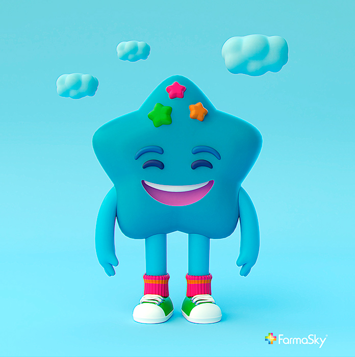 Diseño de mascota Skydoo para FarmaSky, vista de frente 1. Diseño de personajes.