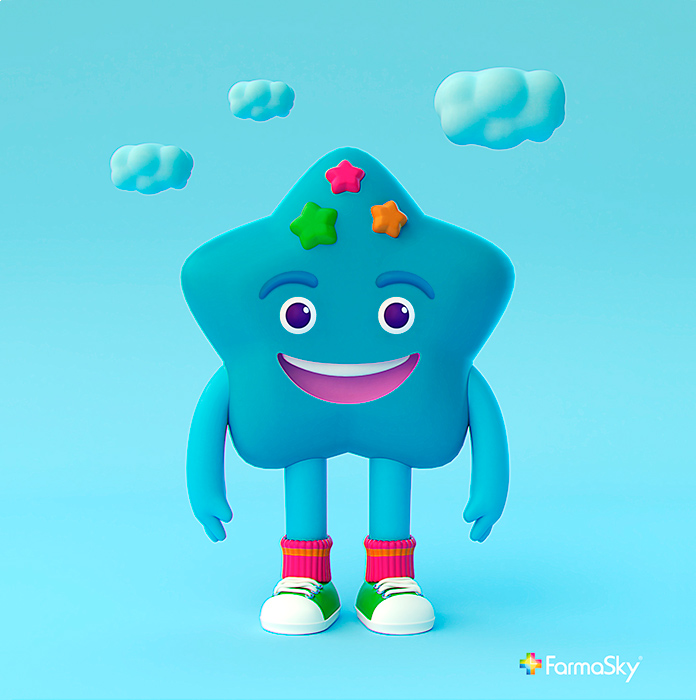 Diseño de mascota Skydoo para FarmaSky, vista de frente 2. Diseño de personajes.