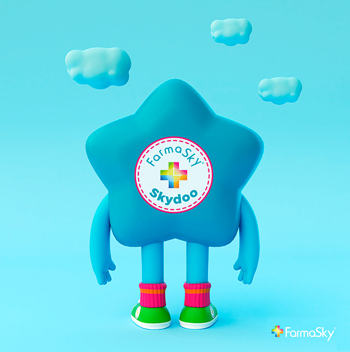 Diseño de mascota Skydoo para FarmaSky, vista trasera. Diseño de personajes.