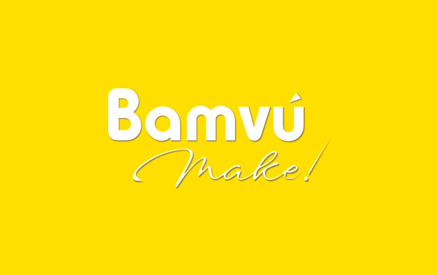 Proyecto de imagen corporativa Bamvú Make!, diseño de logotipo, versión 1 identidad visual colores en positivo.