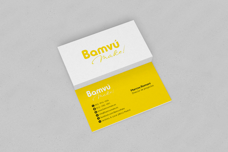 Proyecto de imagen corporativa Bamvú Make!, diseño de tarjetas de visita, business cards.
