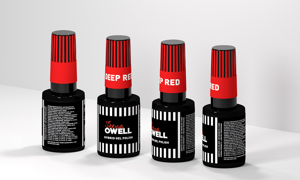 Identidad corporativa, diseño de imagen corporativa de la marca Seena Owell, diseño de packaging, diseño de frascos de esmalte de uñas