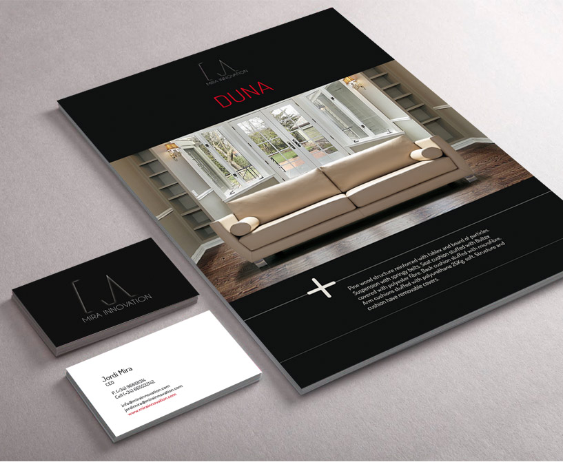 Diseño gráfico de la papelería corporativa de la empresa Mira Innovation