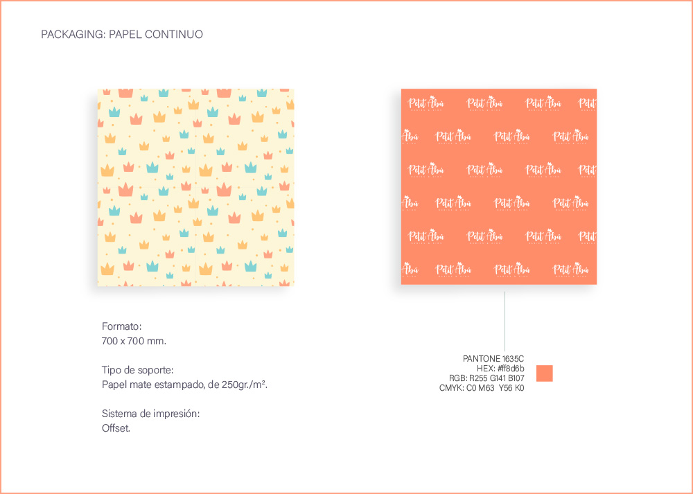 Página diseño de Packaking, diseño de papel contínuo, pattern del Manual de Identidad Corporativa Petit Abú, marca creada y desarrollada en el estudio de diseño LN