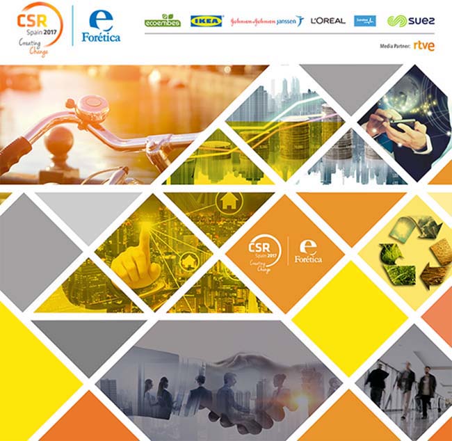 Proyecto de branding imagen corporativa evento CSR SPAIN 2017 organizado por Forética Diseño de photocall
