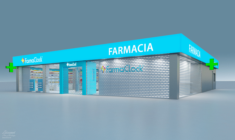 Trabajo de arquitectura corporativa, diseño de fachada exterior cerrada del proyecto de branding para FarmaClock