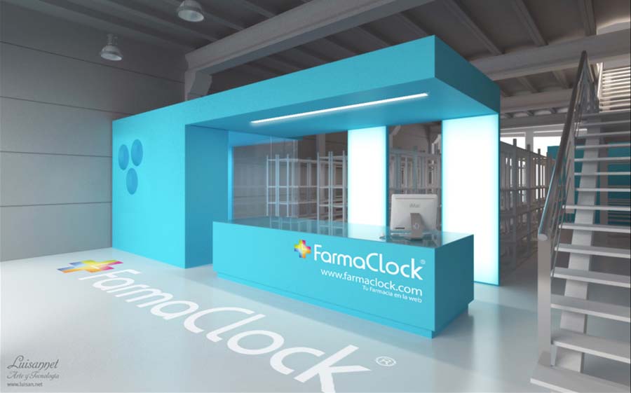 Proyecto de imagen corporativa FarmaClock, imagen en 3D de la propuesta de diseño de arquitectura corporativa