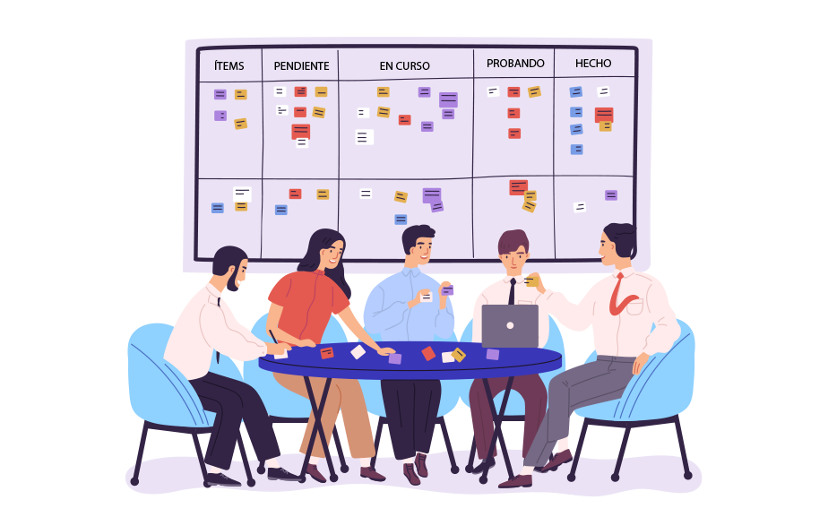 Kanban illustration: Group of people work together in front of a blackboard with notes divided into five columns: Items, pending, in progress, testing and done.