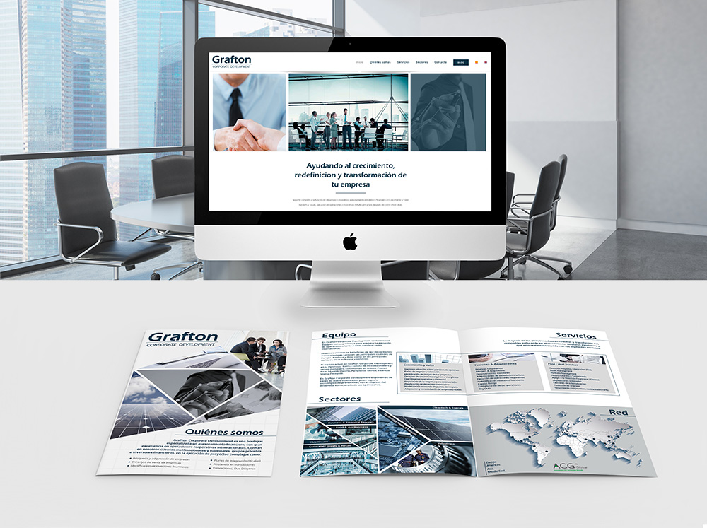 Imagen corporativa consultoría Grafton Corporate Development, Diseño de página web y brochure corporativo