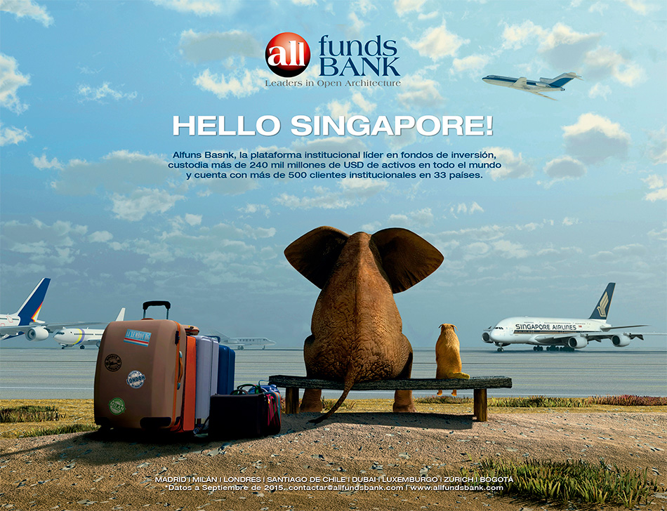 Diseño gráfico, trabajo de publicidad para Allfunds BANK promociï¿½n oficina en Singapore.