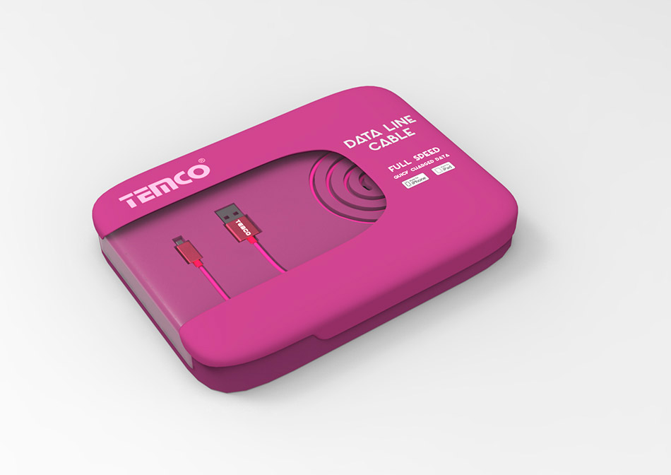 Diseño de packaging marca Temco, accesorios para móviles e informática, data line cable pack violeta, vista exterior