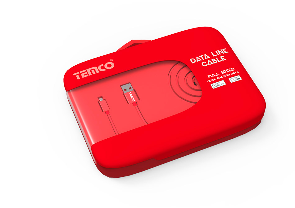 Diseño de packaging marca Temco, accesorios para móviles e informática, data line cable pack rojo, vista exterior