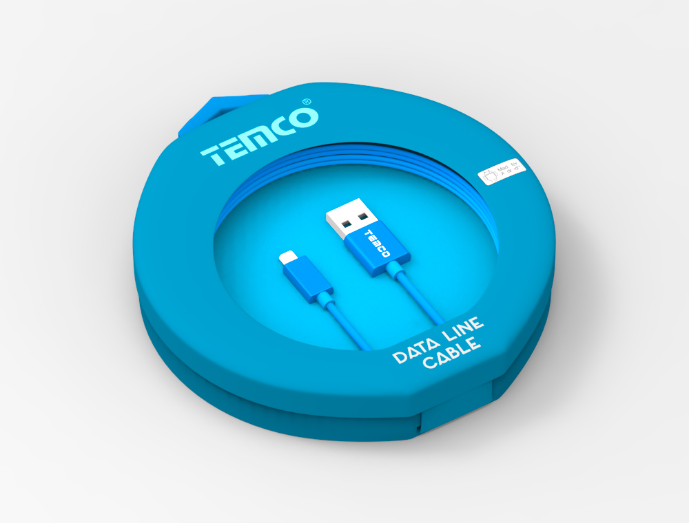 Diseño de packaging marca Temco, accesorios para móviles e informática, data line cable pack azul circular, vista exterior