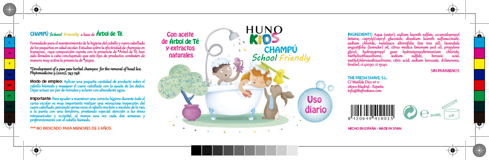 Diseño de etiqueta realizado para Champú Friendly School de Huno KIDS