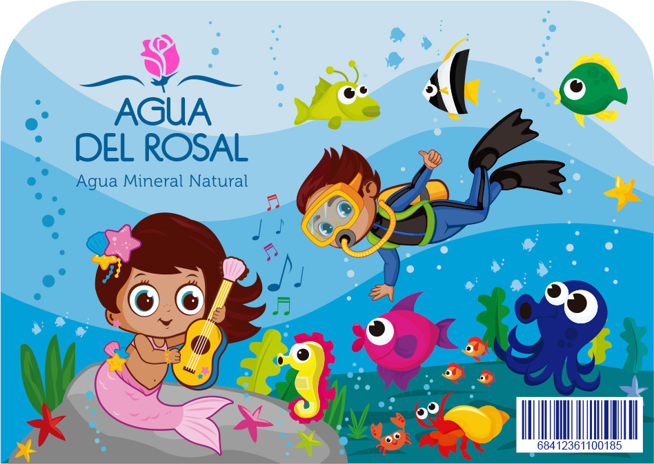 Proyecto de imagen corporativa Agua del Rosal, diseño gráfico infantil, packaging destinado al público infantil