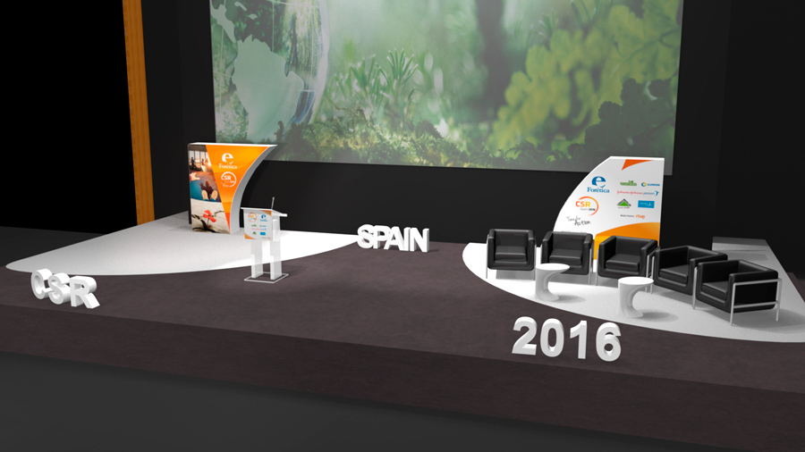 Proyecto de branding imagen corporativa evento CSR SPAIN 2016 organizado por ForÃ©tica diseño de escenario en 3D, vista 2