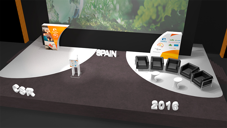 Proyecto de branding imagen corporativa evento CSR SPAIN 2016 organizado por ForÃ©tica diseño de escenario en 3D, vista 3