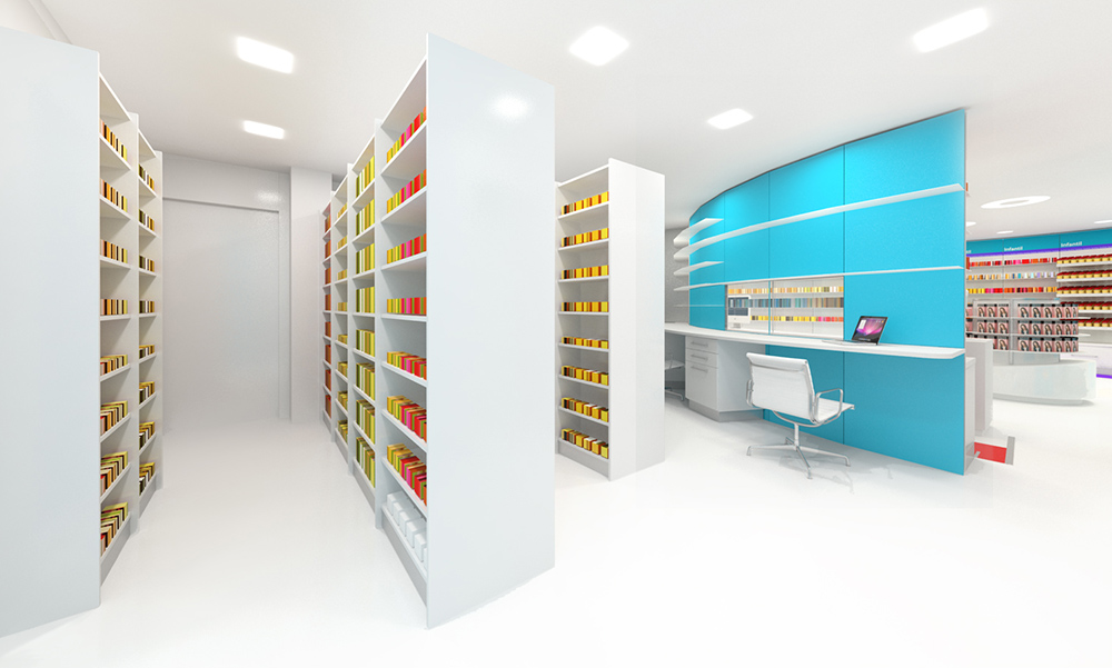 DiseÃ±o en 3D, render del interior del almacÃ©n de una farmacia, imagen realizada para el proyecto de DiseÃ±o de arquitectura corporativa de la cadena de farmacias FarmaClock desarrollado por el estudio de DiseÃ±o LN Creatividad y TecnologÃ­a