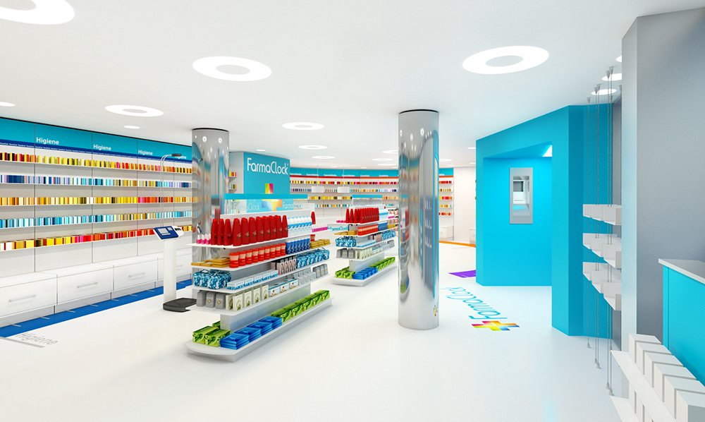 DiseÃ±o en 3D, render del interior de una farmacia, vista detalle zona entrada, imagen realizada para el proyecto de DiseÃ±o de arquitectura corporativa de la cadena de farmacias FarmaClock desarrollado por el estudio de DiseÃ±o LN Creatividad y TecnologÃ­a