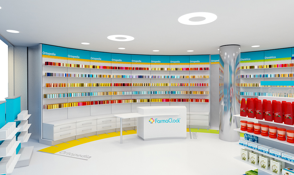Render, imagen virtual en 3D del interior de una farmacia realizada para el proyecto de diseÃ±o de arquitectura corporativa de la cadena de farmacias FarmaClock desarrollado por el estudio de DiseÃ±o LN Creatividad y TecnologÃ­a