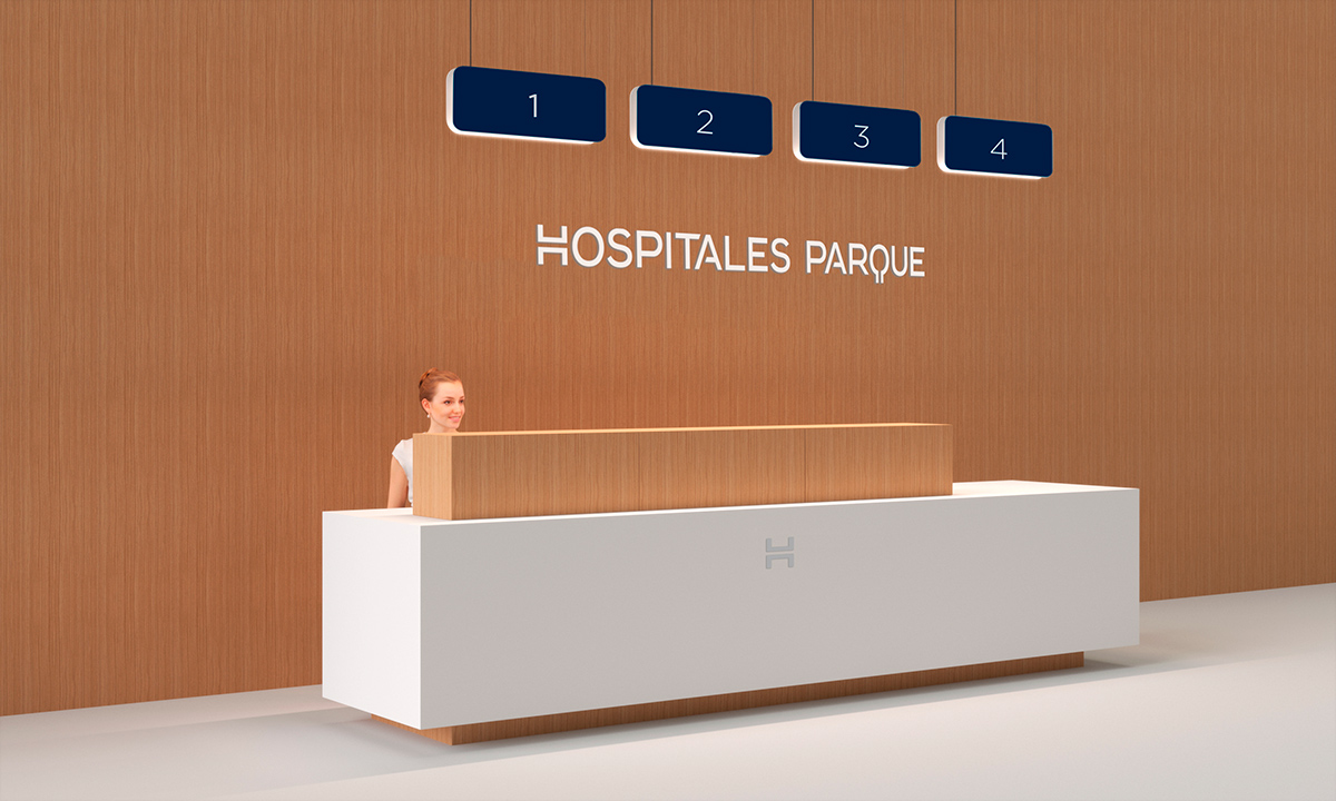 Diseño de arquitectura corporativa Hospitales Parque, diseño de mobiliario, mueble recepción
