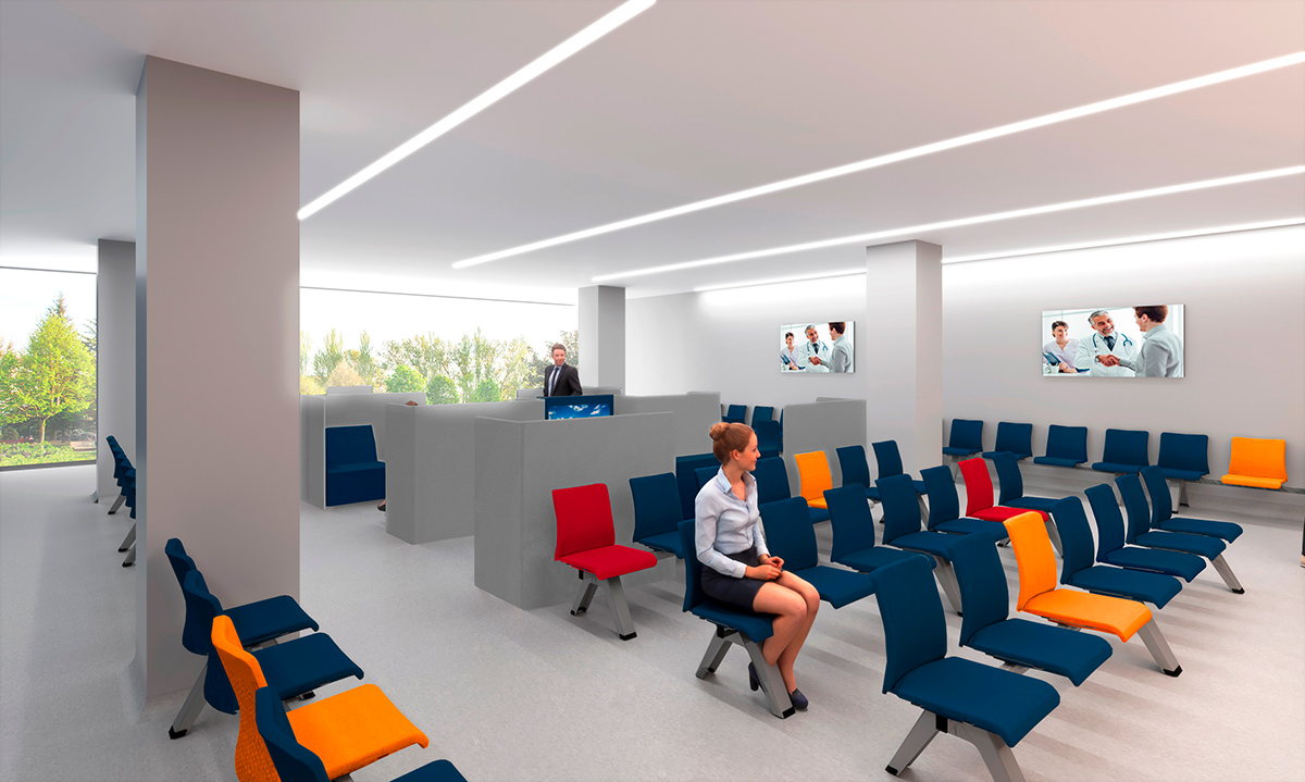 Diseño de arquitectura corporativa Hospitales Parque, espera lounge vista 2
