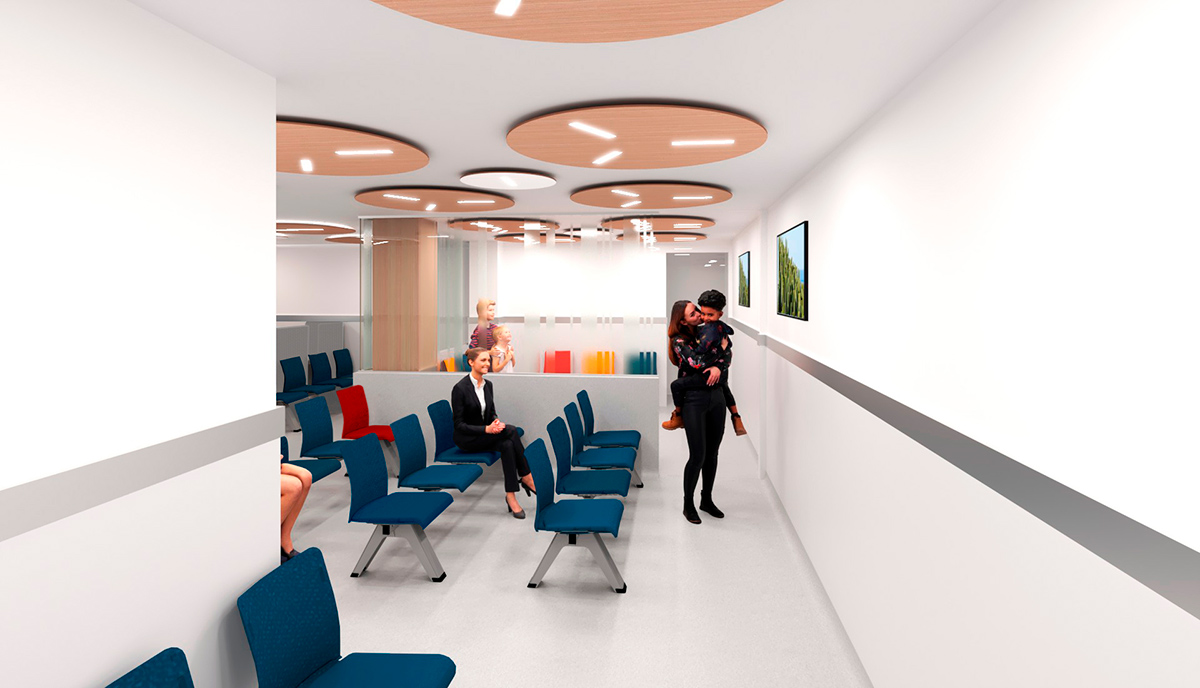 DiseÃ±o de arquitectura corporativa Hospitales Parque, pasillo sala de espera, urgencias