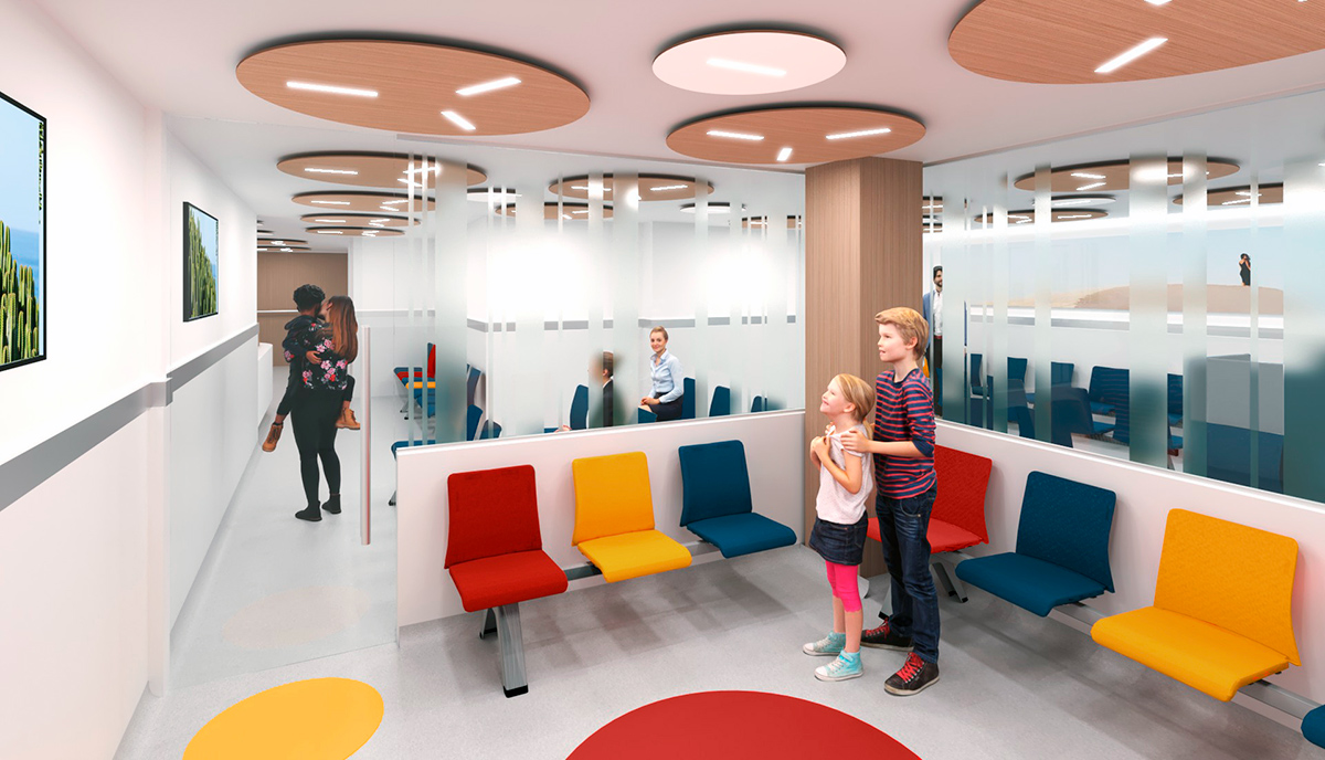 Diseño de arquitectura corporativa Hospitales Parque, zona pediatría, urgencias
