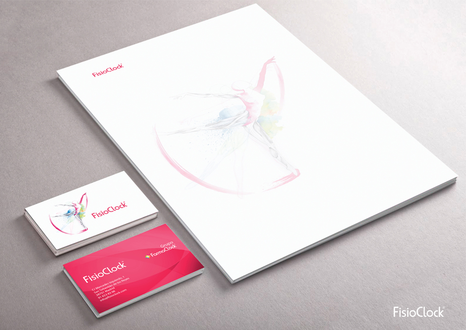 Ejemplo del proyecto de desarrollo de branding e imagen corporativa realizado para FisioClock en el estudio de diseño gráfico e identidad corporativa LN Creatividad y TecnologÃ­a, conjunto de papelerÃ­a corporativa.